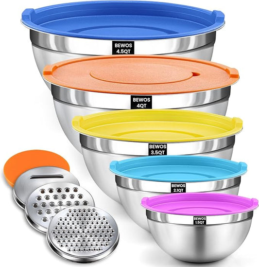 BEWOS Mixing Bowls with Airtight Lids Set - 5 Pcs Stainless Steel Mixing Bowls With 3 Grater Attachments, Size 4.5, 4, 3.5, 2.1, 1.5QT Metal Bowls for Baking and Serving (Colored)