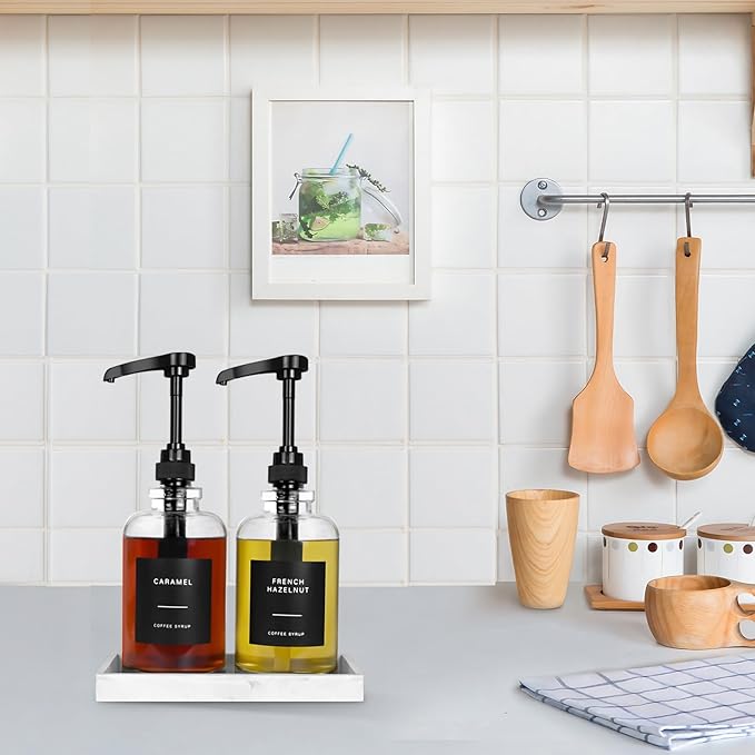 Coffee Syrup Dispenser for Coffee Bar, Glass Syrup Dispenser with Pump, Coffee Syrup Pump Dispenser Bottle with Tray, Spoon for Coffee Station, Coffee Bar Organizer, Black,16.9 oz, 500 ml