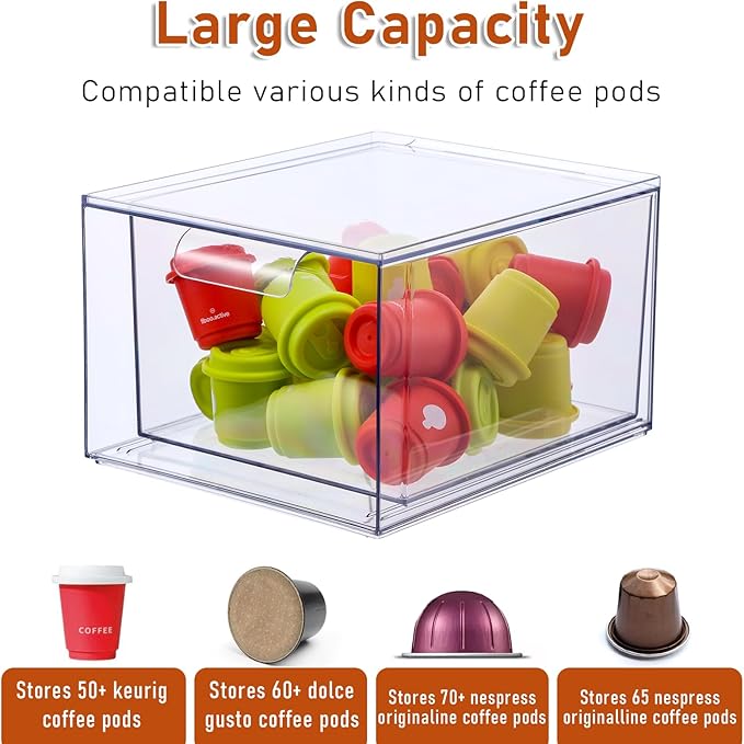 2 PACK Stackable Coffee Pod Drawers, Acrylic Clear Storage Drawers for Coffee Organizer for Home and Office