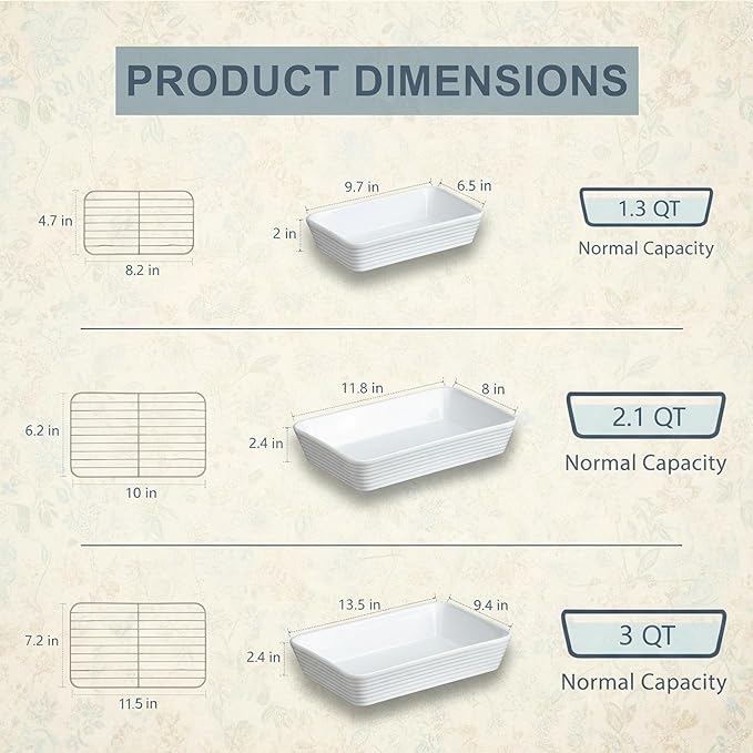 ONEMORE Casserole Dishes for Oven, Ceramic Baking Dish Set of 3 with Roasting Racks Rectangular Large Deep Lasagna Pan without Handles Porcelain Baking Pan with Rack for Oven Cooking (3QT/2.1QT/1.3QT)