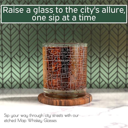 Greenline Goods Whiskey Glasses - 10 Oz Tumbler Set for Minneapolis lovers, Etched with Minneapolis City Map Old Fashioned Rocks Glass - Set of 2