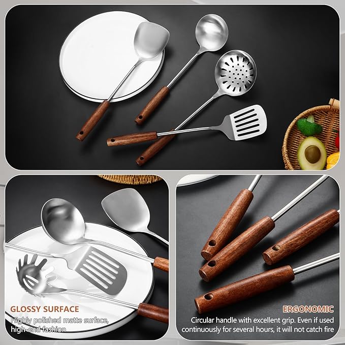 304 Stainless Steel Kitchen Utensils Set, 4 Pcs Long Cooking Utensils Set with Wooden Handle, Large Heat Resistant Kitchen Tools(Dishwasher Safe)