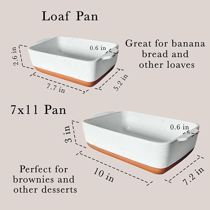 Mora 7x11in & Loaf Baking Dishes - Porcelain Casserole & Bakeware, Oven-to-Table, Freezer Safe - Set of 2, White