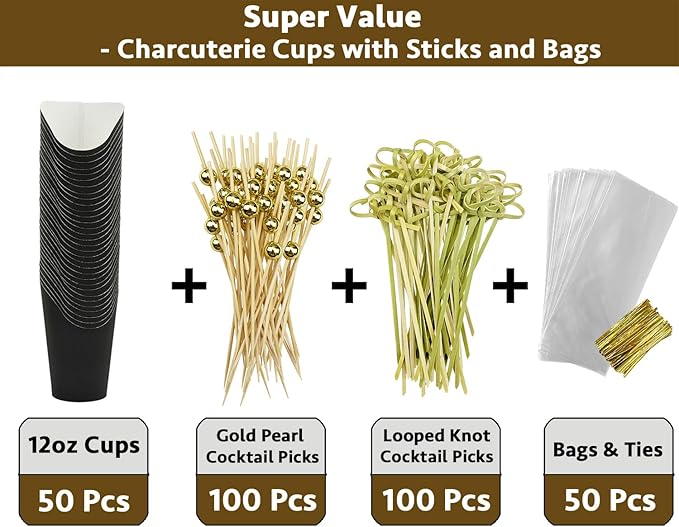 CAMKYDE 50 Sets Disposable Charcuterie Cups with Sticks and Bags, 12 oz Black Paper Snack Appetizers Cup French Fry Holder with Cocktail Picks Toothpicks (50 Cups+50 Bags+200 Sticks)