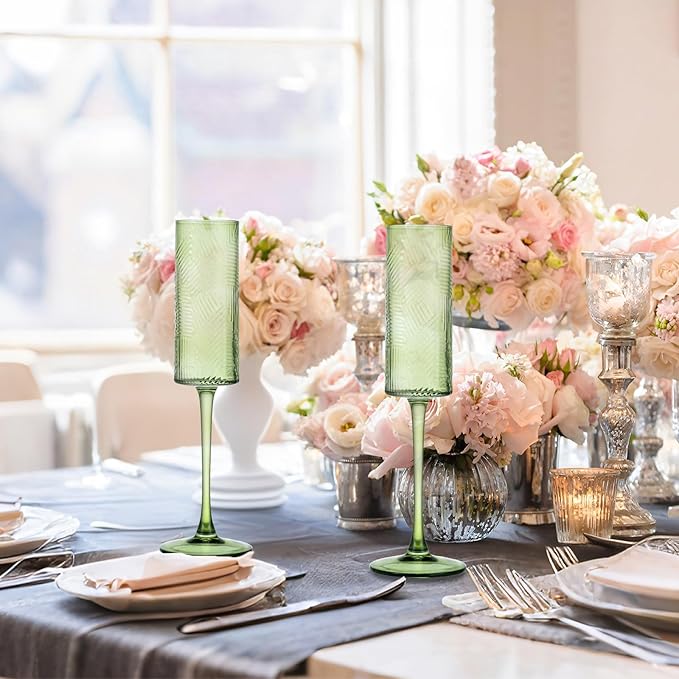 6 Pieces Green Champagne Flutes,6 OZ Twill Pattern Striped Vintage Stem Glasses Stemware Wine Glasses Champagne Long Stem Drinking Colored Glasses Goblets for Wedding Cocktail Cups,Cava, Prosecco