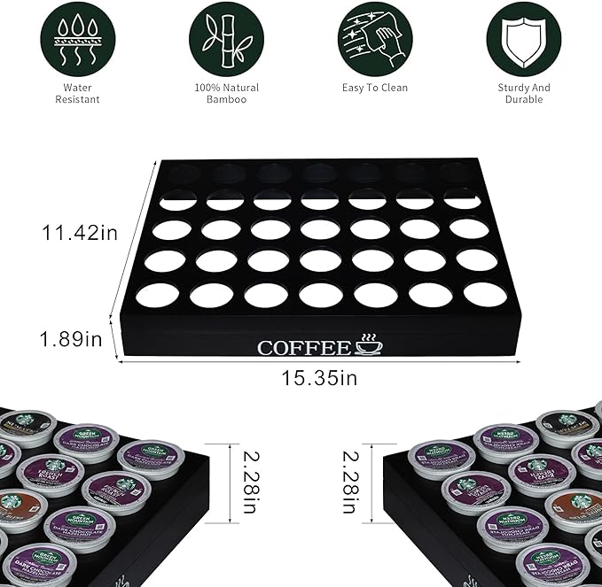 MinBoo BamBoo k cup holder Drawer or Countertop k cup Organizer Coffee Pod Holder Hold 35 Coffee Pod Storage Kcup coffee pods holder for coffee station Office and Kitchen k cup storage,Black
