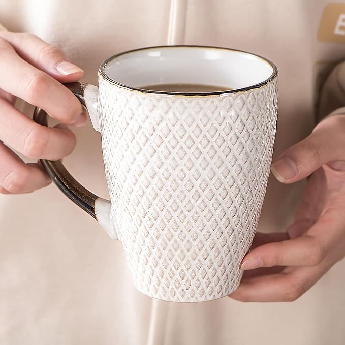 Ceramic Coffee Mug Set - 16 Oz Large Coffee Mugs - Embossed Stoneware Cups with Handle for Latte Tea Cappuccino Cocoa - Microwave Dishwasher Safe - Set of 4 - Square Pattern