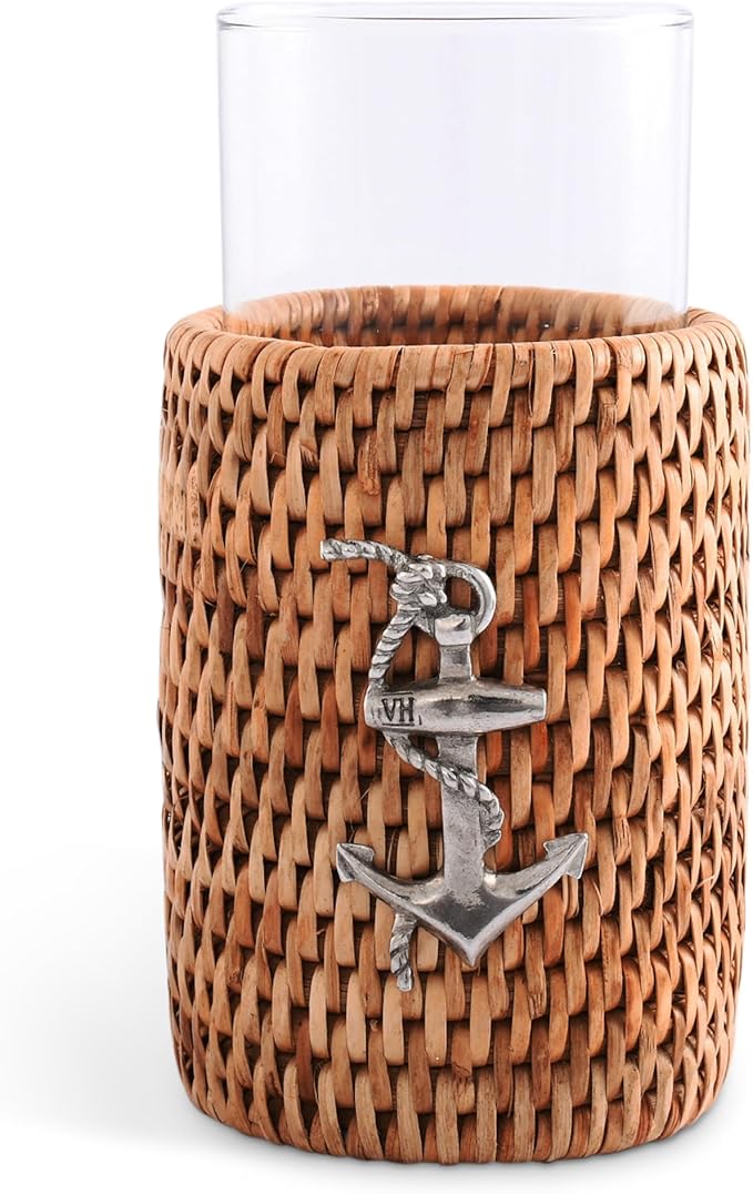 Vagabond House Set of 4 Tall Drinking Glasses with Hand Woven Rattan and Pewter Anchor Detail, Ideal for Water and Cocktails, Stylish Coastal Kitchen Accessory for Beach House Boating 6 Inches Tall