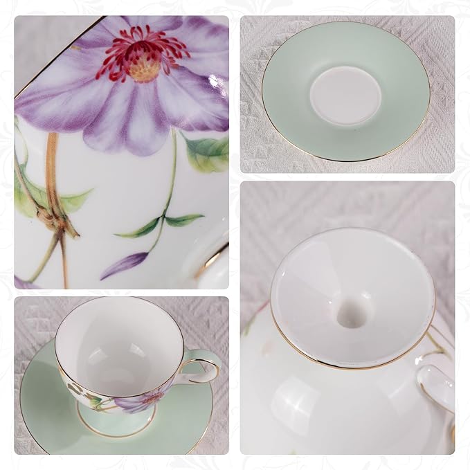 KAMMAK Ceramic Tea Cup and Saucer Set with Gold Trim, Passionflower & Crabapple Blossom Pattern, 220ml Elegant Bone China Coffee Cup with Mint Green Saucer for Afternoon Tea, Gift for Women