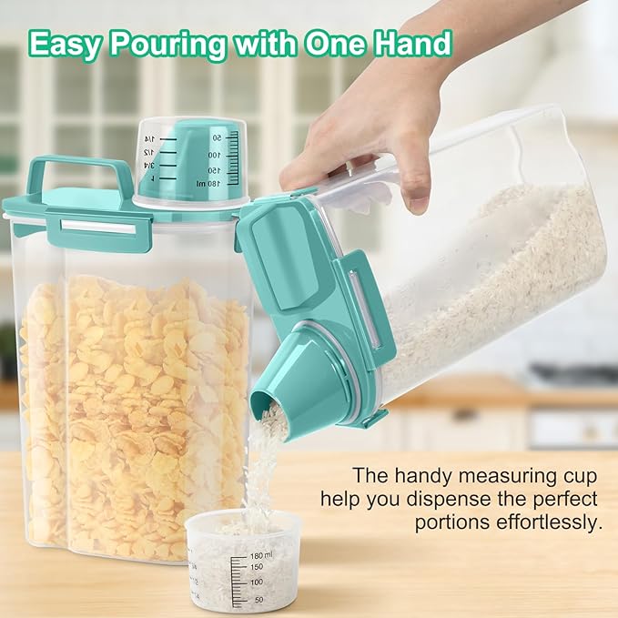 TBMax Rice Container Cereal Storage Container 2 Pack 5 Lbs, Kitchen Pantry Dry Food Storage Holder with Easy-Pouring Spout & Handy Cup, Small Pet Dog Cat Food Dispenser for Daily Feeding -Cyan
