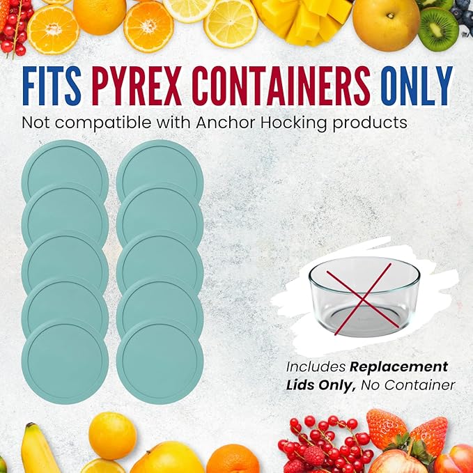 Replacement Lids for Pyrex 4-Cup Glass Food Storage Container Bowls, 6-Inch Plastic Round Lids Covers fits Pyrex 7201-PC, Airtight & Leakproof (10-Pack, Turquoise)