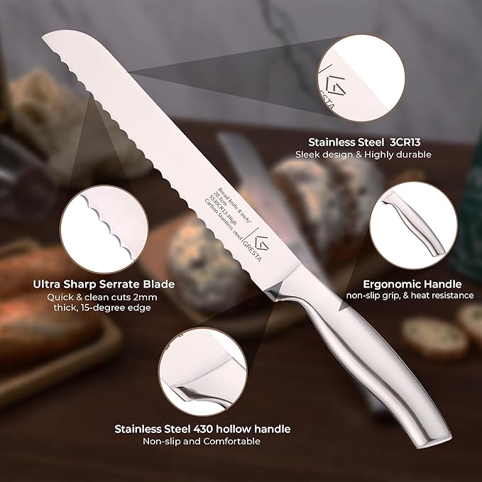 Bread Knife – Serrated Bread Knife for Homemade Bread, Razor-Sharp Stainless Steel Blade, Ideal for Slicing Sourdough, Bagels, Cake & More (Black, 8 Inches)