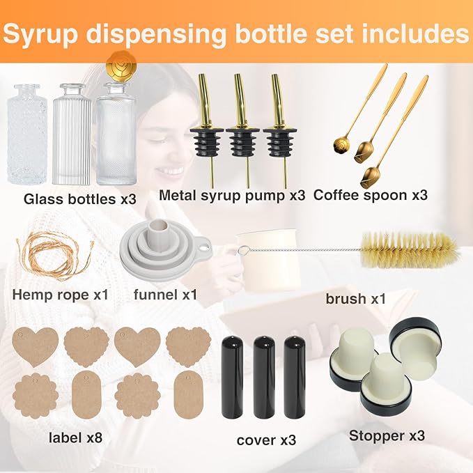 Oudizz Coffee Syrup Dispenser Set 3 Pcs - 200ml Syrup Dispenser Glass With Metal Pour Spout for Coffee Bar for Kitchen