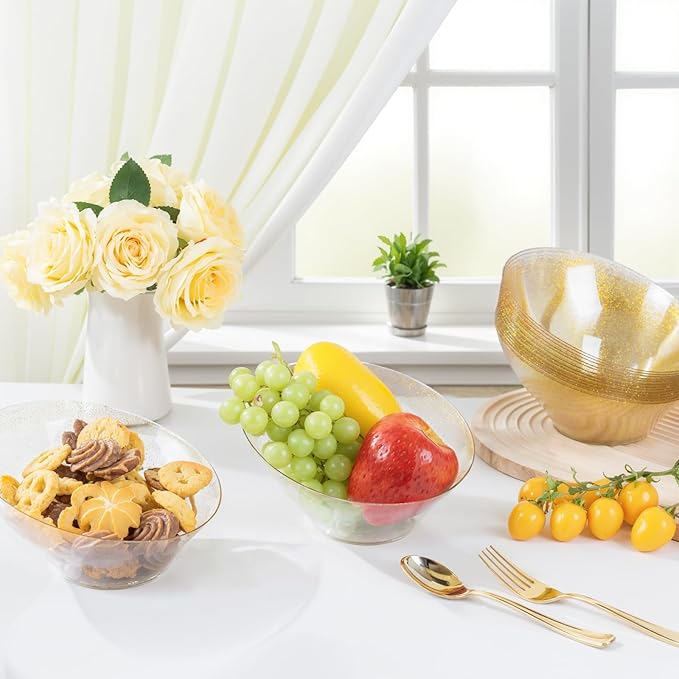 bUCLA 12 Pack Gold Glitter Plastic Serving Bowls - 20 OZ Disposable Snack, Fruit, Chip, Candy Angled Serving Bowls for Party & Thanksgiving