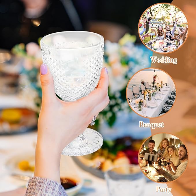 Bokon 6 Pack Clear Glass Goblets Set 10 oz High Clear Wine Glass Vintage Water Goblets Cups Embossed Diamond Design Glassware with Stem for Drinking Juice Liquor Party Wedding Bar