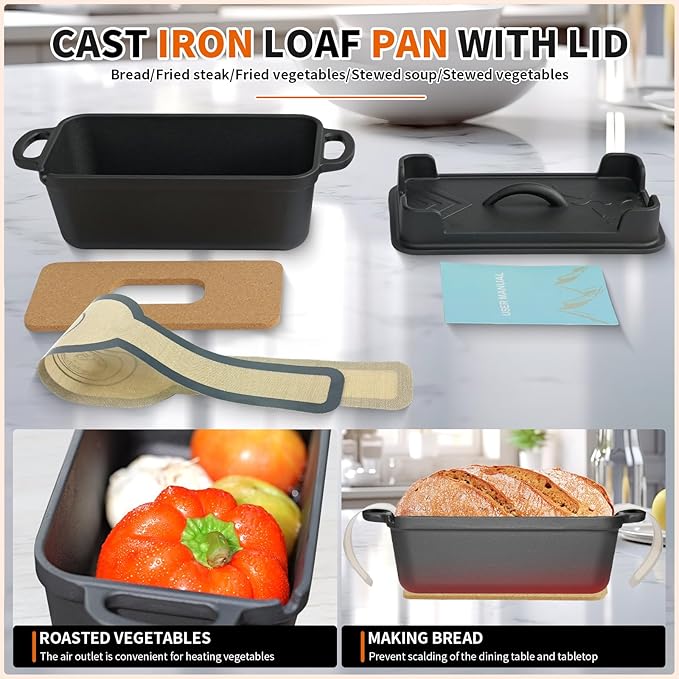 9.5×5 Inch Cast Iron Loaf Pan with Lid, 2-In-1 for Homemade Sourdough Baking, Vegetable Oil Seasoned Dutch Oven with Pressure Release Vents & Dual Use Griddle, for Kitchen, Oven & Camping