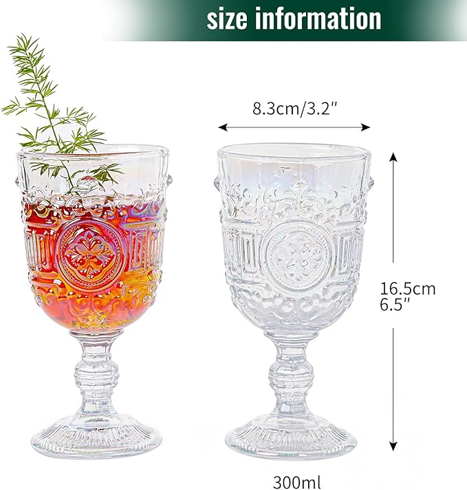 Sungmor Vintage Iridescent Wine Glasses – Set of 2 Embossed Goblets, 10 oz Decorative Glassware for Wine, Water, or Cocktails – Elegant Clear Drinking Glasses, Wedding & Party Drinkware