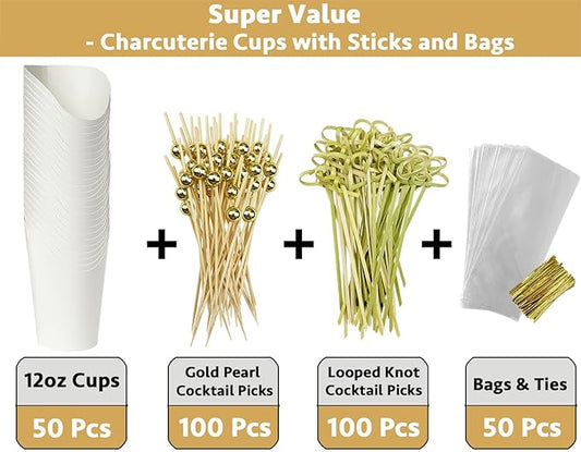 CAMKYDE 50 Sets Disposable Charcuterie Cups with Sticks and Bags, 12 oz White Paper Snack Appetizers Cup French Fry Holder with Cocktail Picks Toothpicks (50 Cups+50 Bags+200 Sticks)
