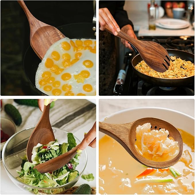 Wooden Spoon Set-6 Piece Wooden Cutlery-Daily Wooden Cutlery Cooking Spoon-Natural Teak Kitchen Set-Teak Cooking Utensils with Smooth Non-Stick Surface-For use in the kitchen when cooking