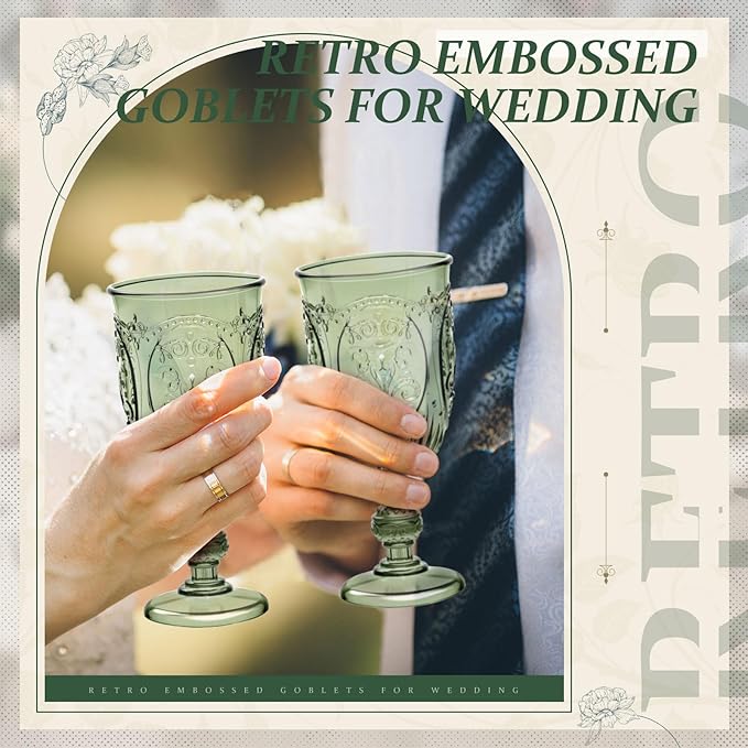 24 Pcs Plastic Goblets 7.5oz Vintage Goblet Plastic Wine Glasses Colored Retro Embossed Water Goblets for Wine Bar Juice Baby Shower Wedding Reception Grand Event Party (Olive Green)