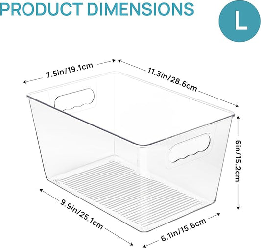 Vtopmart Clear Plastic Pantry Organizer Bins, 4 PCS Food Storage Bins with Handle for Refrigerator, Fridge, Cabinet, Kitchen, Countertops, Cupboard, Freezer Organization and Storage, BPA Free, Large