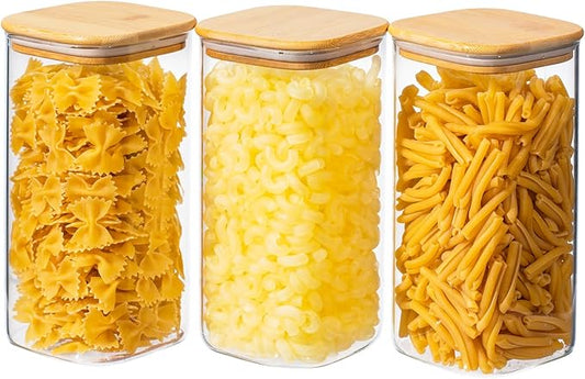 51oz 3PCS Glass Storage Container with Wood Lid for Kitchen Organization, Food Storage Pantry Jar with Airtight Lids for Cereal, Oat, Pasta, Flour, Rice, Sugar, Tea, Coffee, Cookie, Candy