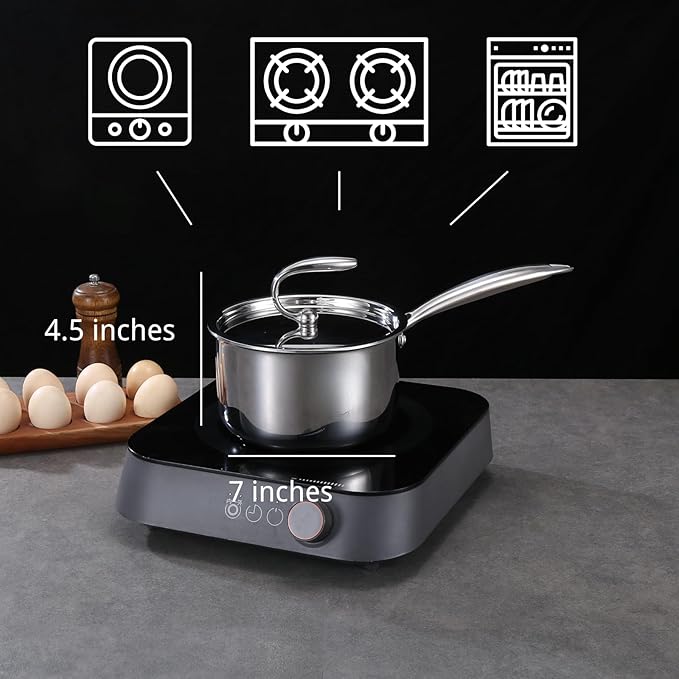 3QT Tri-Ply Stainless Steel Saucepan with Lid, Induction & Gas Compatible Cooking Pot, Mirror Finish Small Soup Pan for Milk, Sauce & Everyday Cooking, Dishwasher Safe
