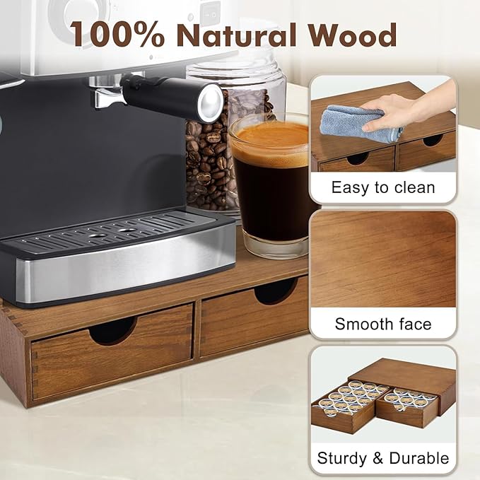 Wooden coffee capsule storage box, coffee machine stand base, kitchen tea set storage, tea set organizer K Pod Dual case Drawer