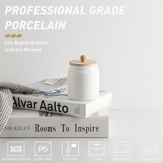 Sweejar Ceramic Kitchen Canisters, Porcelain Food Storage Jar with Airtight Seal Wooden Lid, Home Container Serving for Coffee Beans, Tea-leave, Sugar, Salt and More (White, XS(6.8 FLOZ))