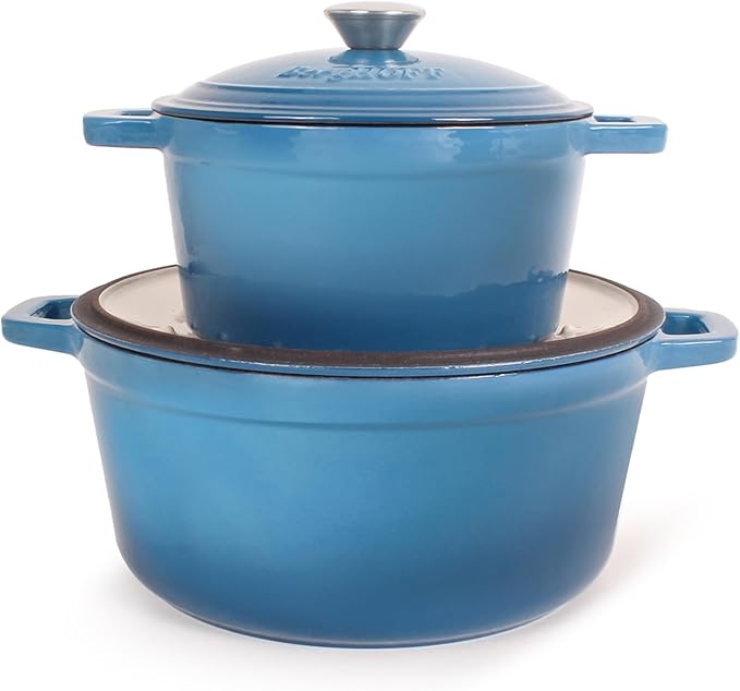 BergHOFF 10Pc Neo Enameled Cast Iron Cookware Set, Matching Lid, Oven Safe Up To 400°F, Blue