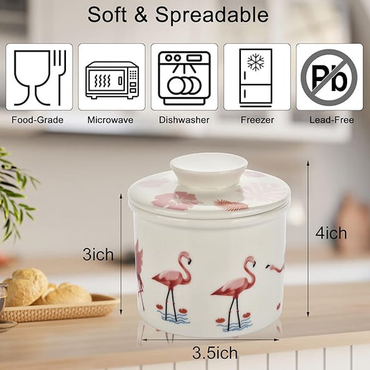 Cute Pink Flamingos Butter Crock for Counter - French Style Ceramic Butter Keeper and Butter Dish with Lid, Butter Holder for Countertop Storage, Airtight Container for Soft, Spreadable Butter