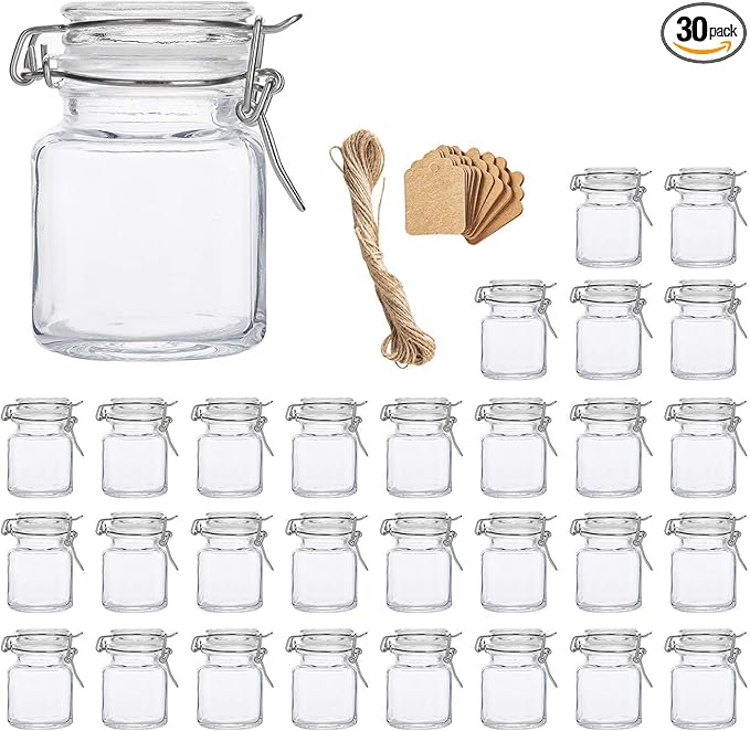 Spice Jars 30 Pack 4oz Square Glass Jars with Leak Proof Rubber Gasket & Hinged Lid,Small Glass Containers with Airtight Lids for Home, Party Favors