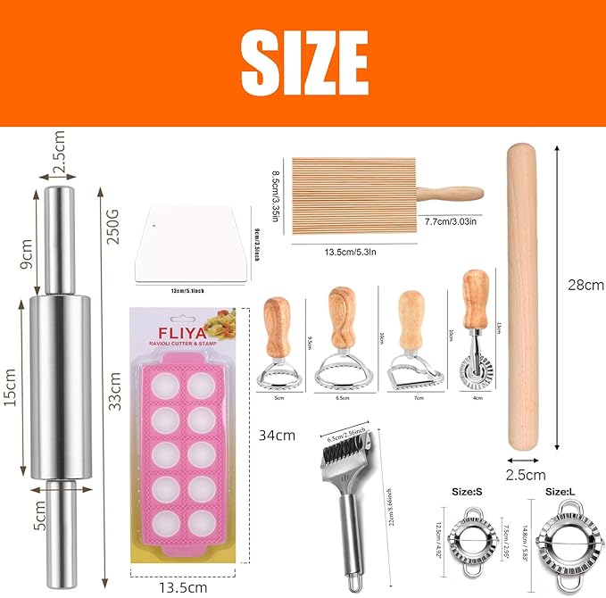 16PCS Pasta Making Tools Set Include 1 Pasta Drying Rack 1 Gnocchi Board 1 Dough Scraper 1 stainless steel Rolling Pin 4 Ravioli Maker Cutter 2 Dumpling Maker Tool 1 Noodle Cutter For Homemade Pasta