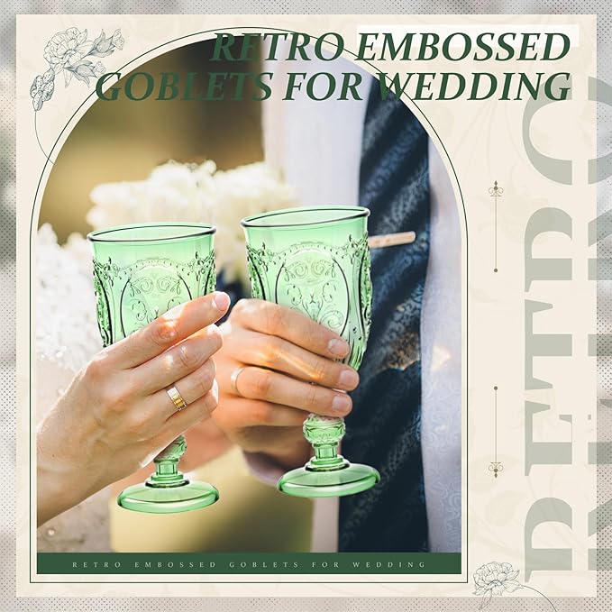 24 Pcs Plastic Goblets 7.5oz Vintage Goblet Plastic Wine Glasses Colored Retro Embossed Water Goblets for Wine Bar Juice Baby Shower Wedding Reception Grand Event Party (Green)