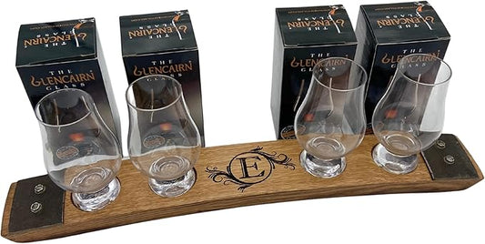 Personalized Premium 4 Glass Whiskey Flight/Engraved Center/Personalized Gift/Crystal Glass Option/Natural Oak Color (Circle Flourish)