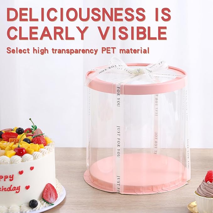 6Pcs Clear Pink Cake Boxes with Ribbon 8.5*9.5inch Round Transparent Cake Containers Tall Tiered Bakery Box 7inch and 6inch Cake Carrier Packaging Boxes for Birthday Party (Pink, Round 8.5inch/6pcs)