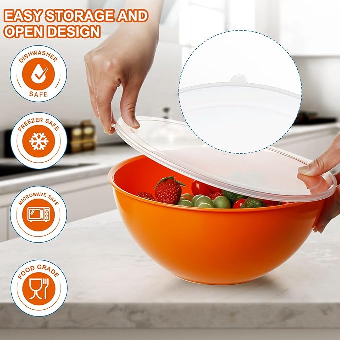 6-Piece Plastic Mixing Bowl Set with Lids for Kitchen, Nesting Storage Bowls for Baking, Prepping,Cooking and Serving Food, Dishwasher, Microwave Safe,Great for Mixing & Serving(6 Set-Rose Red)