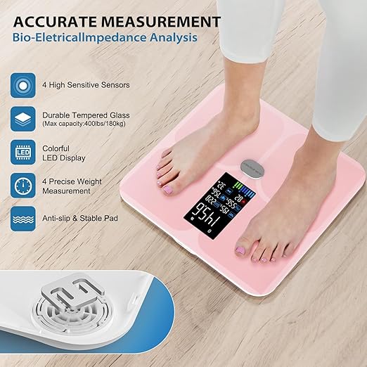 ABLEGRID Body Fat Scale,Digital Smart Bathroom Scale for Body Weight,Large Color Display Screen,16 Body Composition Metrics BMI,Water Weigh,Heart Rate,Baby Mode,400lb,Rechargeable-Rosegold
