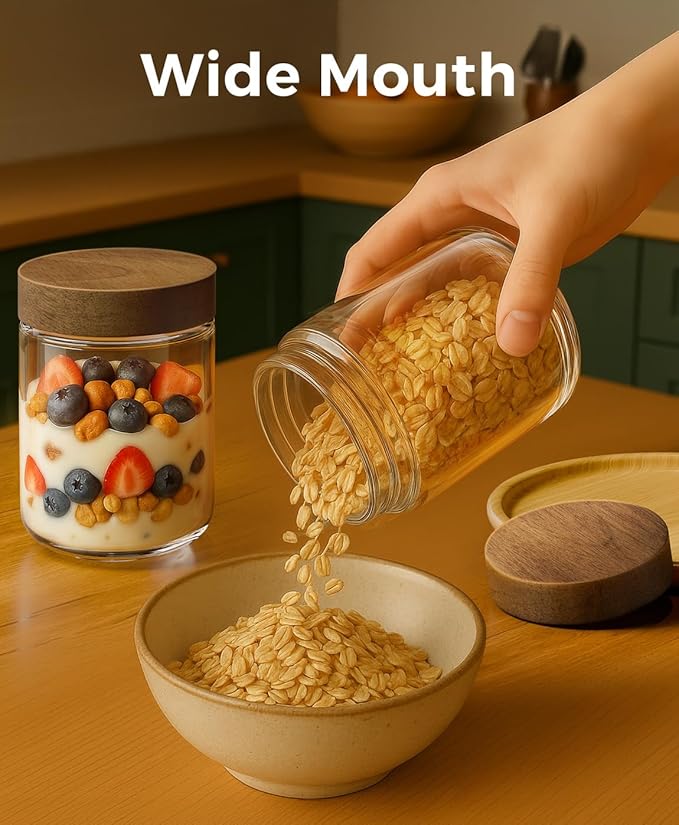 8 Pack 16oz Overnight Oats Containers with Lids, Glass Mason Jars with Acacia Wood Airtight Lids, Wide Mouth Meal Prep Storage Jars for Yogurt, Chia Pudding, Salad, Snacks, Spice