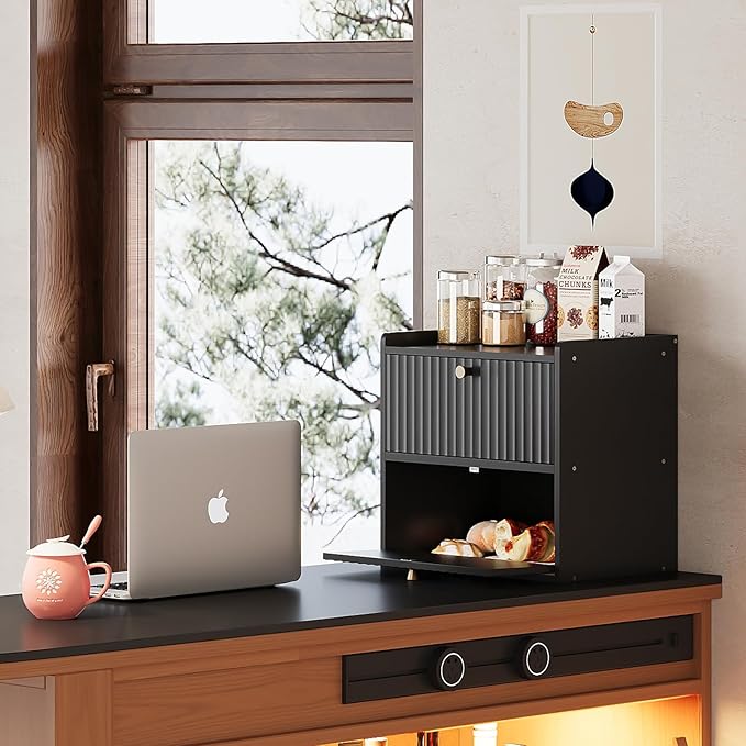 Rustic Bread Box for Kitchen Countertop Bamboo Bread Storage Container Bin Double Layer BreadBox Farmhouse Large Capacity Food Organizer Black