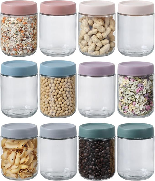 16 OZ Glass Mason Jars with Airtight Lids Wide Mouth Leakproof Pantry Organization Food-Grade Storage Containers for Honey,Salad,Yogurt and Snacks (Plastic Lid-12 Pack)