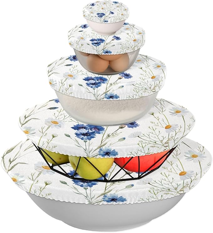 5 Pcs Bowl Covers Reusable in 5 Size Elastic Food Cover Cloth Lids Fresh Keeping Dish Cookware Bakeware Fabric Covers Lids for Food Leftovers Fruits Storage Daisy White