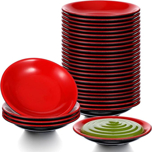 30 Pcs Dipping Bowls Soy Sauce Dishes Dipping Sauce Cups Serving Plate Set Black Red Side Small Dish Pinch Bowls for Condiment, Soy, BBQ, Desserts(Round) ﻿
