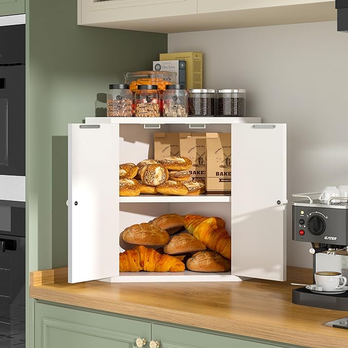 Corner Bread Box for Kitchen Countertop,Storage Container for Homemade Bread, Double Layer BreadBox, Large Capacity Bread Storage Bin, Vintage Farmhouse Breadbox Organizer,White