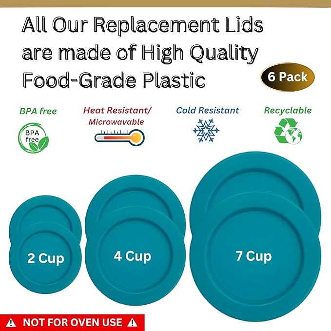 2, 4 & 7 Cup Turquoise Replacement Lids/Covers for Pyrex, Anchor Hocking & KlareWare Storage Bowls *Lids Only Glass Container Not Included* (6 Pack *Two of Each Size*)