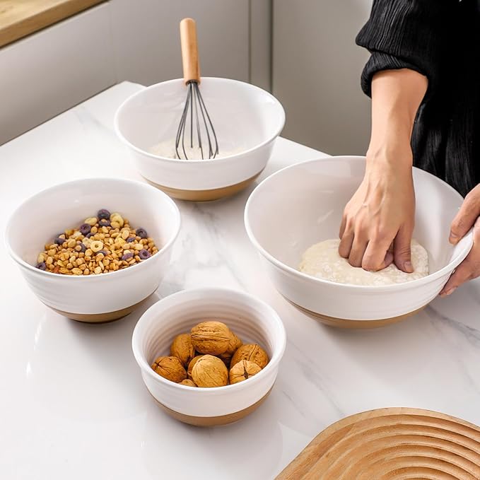 Mixing Bowls Set, Ceramic Serving Dishes Set of 4 for Cooking, Nesting, Prepping, Baking Bowls for Salads, Fruit, Cereal, Soup, 2.1/1.5/1.0/0.5 Qt, Dishwasher & Microwave Safe, White