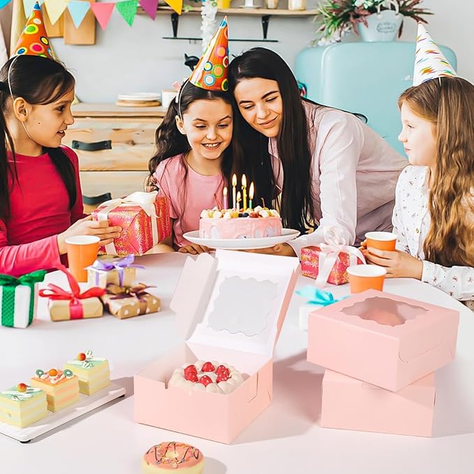 36 pcs 6x6x3 Inches Small Cake Box with Window, Bakery Pastry Cookie Boxes, Mini Pie for Pastry,Dessert,Strawberries,Chocolates, Cupcakes with paper stickers (Pink)