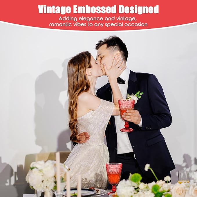 Eaasty Wine Glasses Set of 12 Vintage Goblet 9 oz Vintage Colored Glass Goblet Beverage Stemmed Glass Cups Romantic Embossed Glassware for Wedding Party Holidays Anniversary (Red)