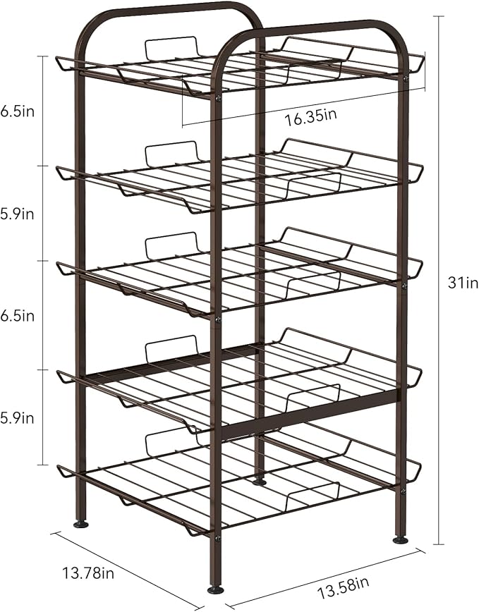 smusei 5 Tier Water Bottle Organizer Vertical Free Standing Storage Shelf Metal Beverage Rack Dispenser Large Capacity Bottled Water Holder Stand for Kitchen Party Pantry, Bronze