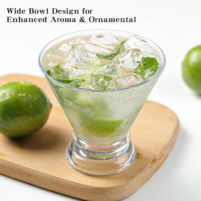 BELLAFORTE Stemless Plastic Martini Glasses Set of 4, 10oz Unbreakable Tritan Cocktail Glasses, Dishwasher Safe Dessert Cups, Crystal Clear Reusable Cocktail Glassware for Indoor & Outdoor Use